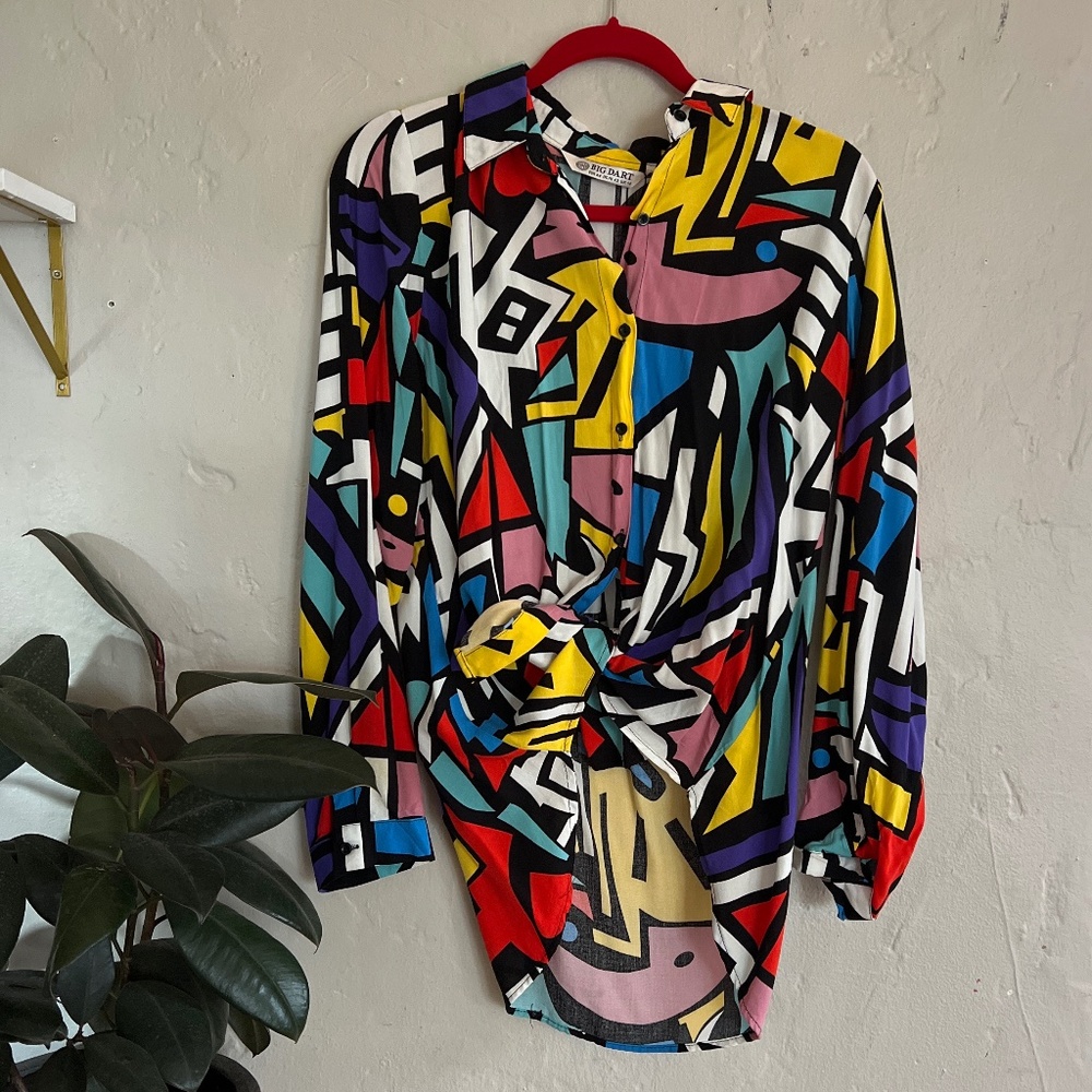 Vintage Art Deco Abstract Eclectic  Print Button Up Collar Blouse Shirt Size L